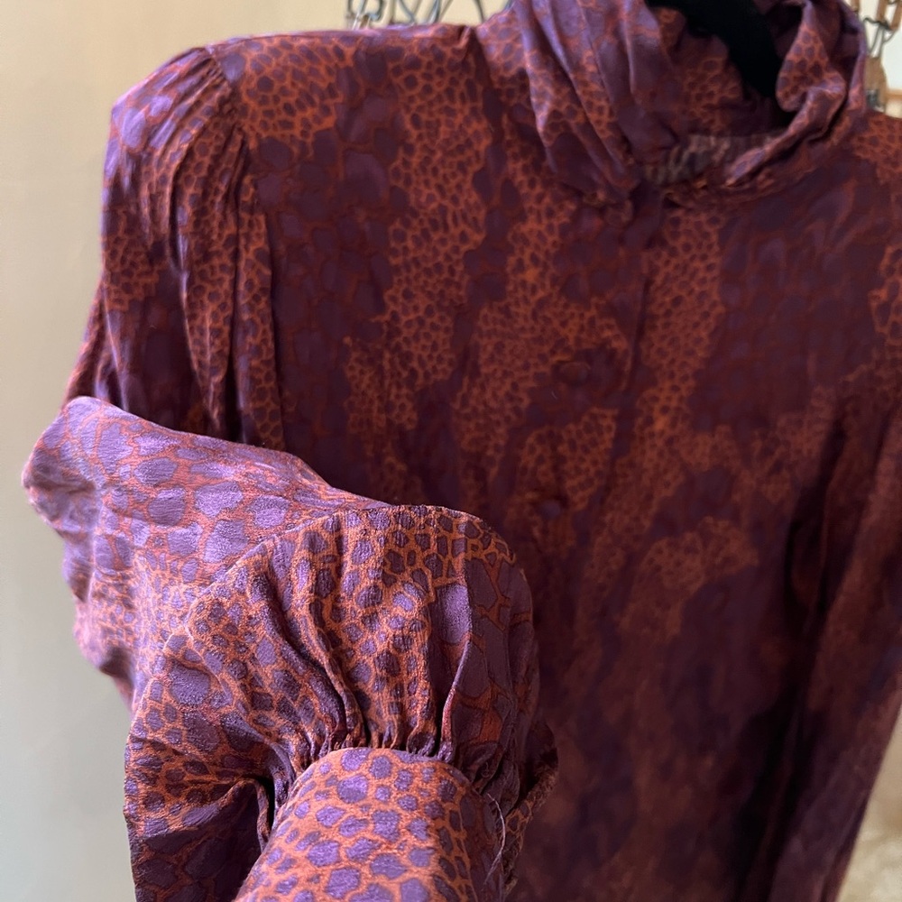 Silk Purple and Rust Animal-Print Long-Sleeve Blouse